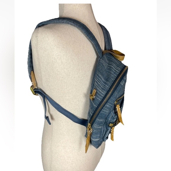 Frye Ivy Blue Denim Mini Backpack Striped Cotton Leather Gold Zipper - Picture 3 of 11